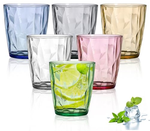 BYZESTY 6er Set Große Trinkgläser 300 ml - Plastik Wassergläser Whisky Gläser Cocktailgläser Trinkbecher Bunte Acrylbecher mit Kristallglas-Optik Saftgläser für Wasser, Saft, Eiskaffee, Softdrinks