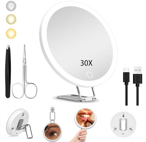 JJhxr 30X Vergrößerungsspiegel mit Licht,15.24 cm großer Makeup Vergrößerungsspiegel, 3 Farben Dimmbarer Makeup Spiegel mit 360° Tischständer, Tragbarer LED Vergrößerungsspiegel mit 3 Saugnäpfen
