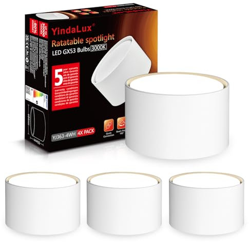 YindaLux 4x LED Aufbauspot Weiß Matt Ø84x50mm Aufbaustrahler 6W 680LM GX53 LED Neutralweiß Aufputz 230V 180° Abstrahlwinkel Deckenspots aufbauleuchte aus Aluminium Spots Deckenleuchte Rund