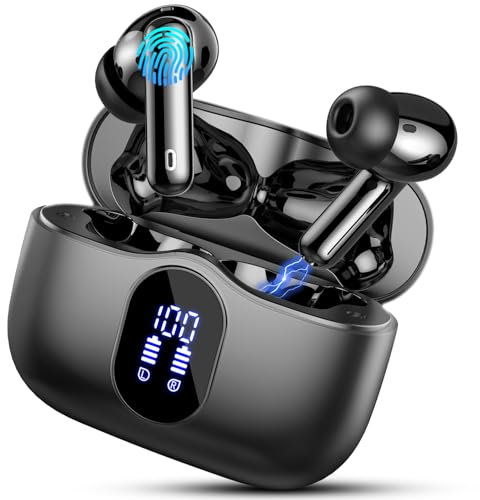 Wireless Earbuds, Bluetooth 5.4 Headphones In Ear with 4 ENC Mic, New Wireless Earphones Noise Cancelling Deep Bass, LED Display, Bluetooth Earbuds 36H Playtime, IP7 Waterproof Ear buds, USB-C, Black