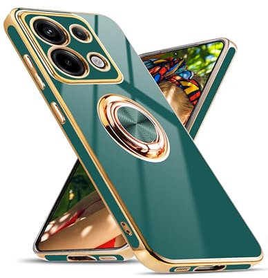 Jusy Hülle für Xiaomi Redmi Note 13 Pro 5G / Poco X6 (Nicht für Note 13 Pro 4G),mit 360° Drehring, Magnetständer - Stoßfestes Gehäuse mit luxuriösem Glanz-Finish und Elektroplattierung, Grün/Gold