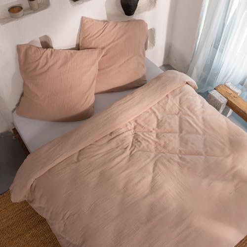 Nachtvogel Doppeltuch Musselin Bettwäsche 155x220 beige aus 100% ägäischer Premium-Baumwolle, inkl. 1x Kopfkissenbezug 80x80 cm - weicher, verstärkt, vorgewaschen