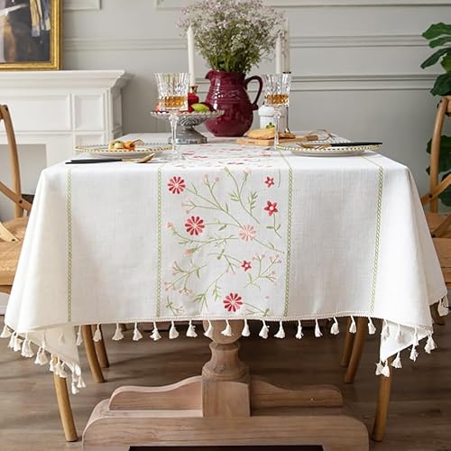 Pahajim Tischdecke Rechteckig Baumwolle Leinen Tischtuch Abwaschbar Wasserdicht Quasten Design für Küche, Esszimmer, Outdoor, Garten Tischdekorationen(Weiß,140x260cm)