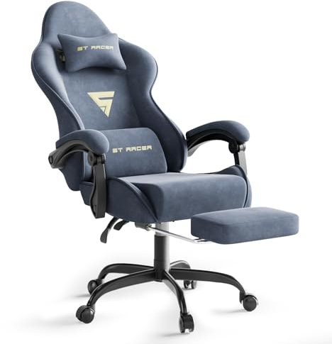 Ferghana Silla Gaming Silla Gaming con Masajeador, Silla Ergonómica de Terciopelo para Juegos, Silla Gamer con Lumbar, Reposapiés, Silla de Oficina, Capacidad de Peso de 250 Libras, Azul Acero