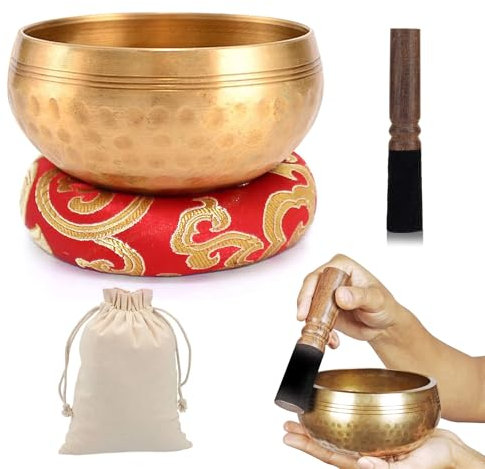 PRITOK Juego de cuencos tibetanos tibetanos, 8 cm, cuenco tibetano con cojín para cuenco tibetano y mazo de madera, hecho a mano en Nepal para meditación, chakra, yoga, accesorios de meditación, único