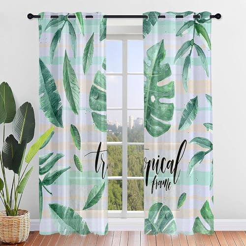 Highdi Voile Vorhänge mit Ösen 2er Set, Monstera deliciosa Transparente Gardinen für Wohnzimmer Ösenschal Halbtransparent Ösenvorhang für Moderne Schlafzimmer (H,W55 x H95 cm)