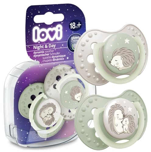 LOVI Silikon Schnuller dynamisch 2 Stück Night&Day Hedgehog Leuchtend, Schützt den Saugreflex, Stillen sicher, Biss und Sprechen sicher, Antiallergisch (18m+)