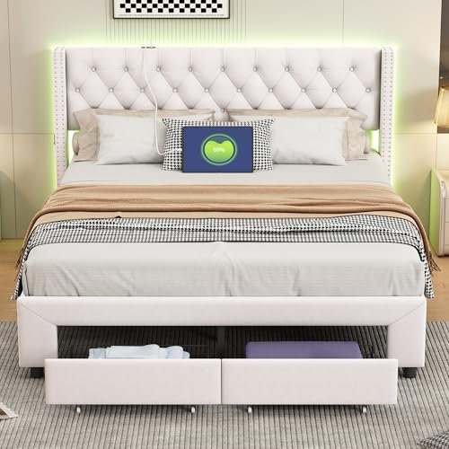 PerGar Schubladenbett 160x200 cm, Modernes Bett mit Schubladen, Nieten und LED Lichtstreifen, Beiges Samt Schubladenbett mit USB-Ladeanschlüssen und Aufbewahrungstaschen, Doppelbett (160x200cm)