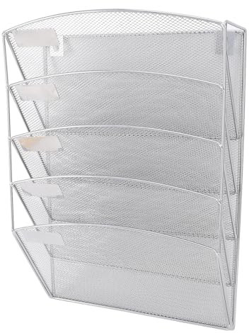 Luocute Desk File Organizer Mesh 5 Tier, Hanging Wall Mount Document Organization Stand, Desktop Vertical Mail Paper Folder Holder Rack with Bottom Tray for Office Home Cubicle Countertop