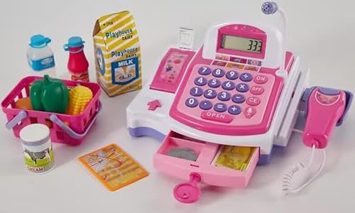 BUYGER Grande Registratore di Cassa Giocattolo per Bambini con Stampante per Ricevute, Scanner, Microfono, Calcolatrice, Supermercato Giochi di Ruolo Regalo per Bambina 3 + Anni