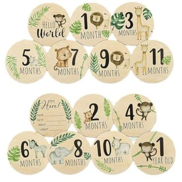 OHREN 7 Hitos de Madera Tarjetas de Hitos para Bebé en Español en Elegantes Discos de Madera como Regalo para el Nacimiento/la Fiesta de Bebé para Embarazadas, Futuras Madres y Padres