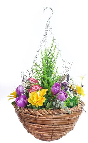 Best Artificial Mixed Meadow Flower Display in 10 inch Woven Decorative Hanging Basket (Yellow (Conifer))