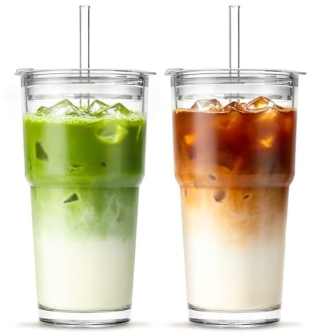 INSETLAN 590ml Clear Glass Cup with Lids and Straws, 2 Pack Ice Coffee Cup, Drinking Glasses with Straw for Smoothie, Latte, Iced Coffee, Matcha and More – Elegant & Durable