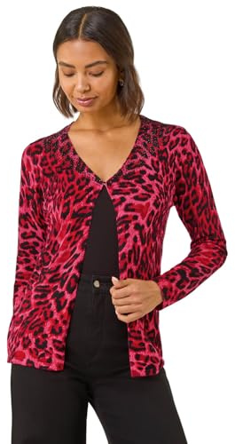 Roman Originals Embellished Animal Print V-Neck Cardigan for Women UK - Ladies Everyday Autumn Winter V-Neckline Comfy Soft Evening Vacation Work Party Night Out - Red - Size 12