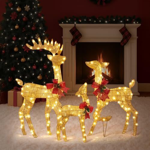 LEADZM Rentier beleuchtet aussen - 3er Set Weihnachtsbeleuchtung Elch, 120 cm, 270 LED warmweißes Licht - Wicklungstyp mit Golddraht - Stark und stabil, Weihnachten Deko für Innen Außen