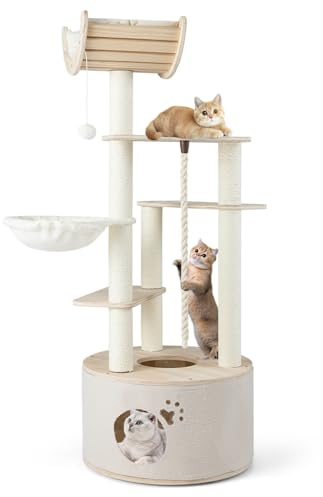 GYMAX Modern Cat Tree, 141cm Tall Cat Climbing Tower with Scratching Posts, Condo, Curved Perch, Hanging Ball & Rope, Heavy-Duty Wooden Kitty Activity Furniture for Indoor Kittens