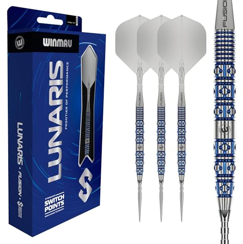 WINMAU Lunaris Darts – Profi-Darts 90 % Wolfram Dartpfeile | Blau & Silber Parallel-Barrels | Switch Point Technologie | 2 austauschbare Spitzen | Fusion Kurzschäfte & Flights | 22/23/24/25g Darts