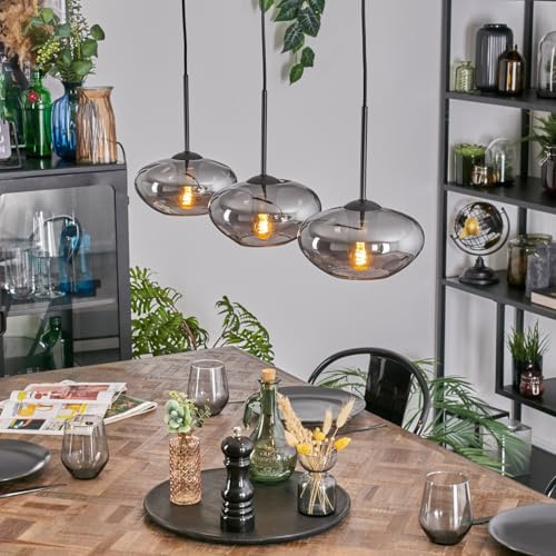 HOFSTEIN Hängeleuchte Mertola, 3-flammige Hängelampe aus Metall/Glas in Schwarz/Rauchfarben, moderne Pendelleuchte im Retro/Vintage-Design (Ø Schirme Ø 20 cm), E27, Esszimmer, Küche, Wohnzimmer