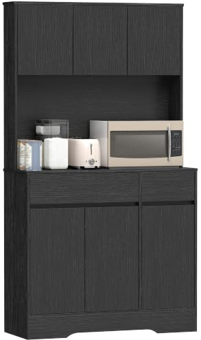 HOMCOM Küchenschrank mit Arbeitsplatte 6 Türen Schwarz 100 x 38 x 180 cm | Buffetschrank, Hochschrank mit Verstellbaren Einlegeböden, Kabellöchern, Mikrowellenschrank, Moderner Vorratsschrank