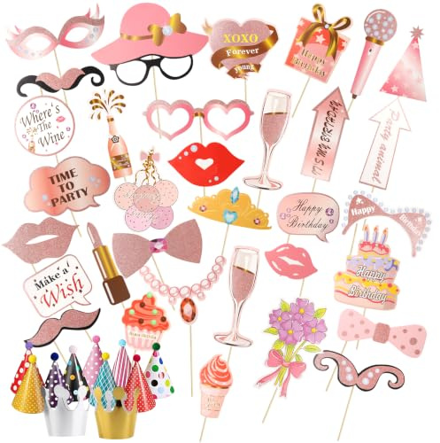 Set Festa Compleanno 44 Pezzi, 11 Cappellini con Pompon + 33 Accessori Foto Rosé Gold Glitter, Decorazioni Selfie per Feste