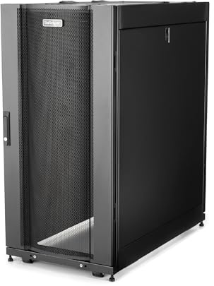 StarTech 25U 4-Post Server Cabinet Kit, 89cm Deep, 1500kg (RK2537BKM) | 19in enclosed steel rack, Adjustable depth 7.1in-35in, Lockable mesh doors, Ships assembled, Casters, 1500kg