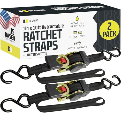 DC Cargo Auto einziehbare Ratschengurte mit weichem Zugband, 2 Stück, 2,5 cm x 3 m, selbstgepflegte Spanngurte für Motorräder, ATVs, Fahrräder, Boote: fest und sicher