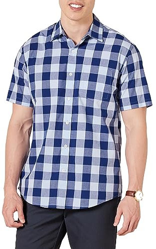 Amazon Essentials Men's Regular-Fit Short-Sleeve Poplin Shirt, Blue Buffalo Check, L