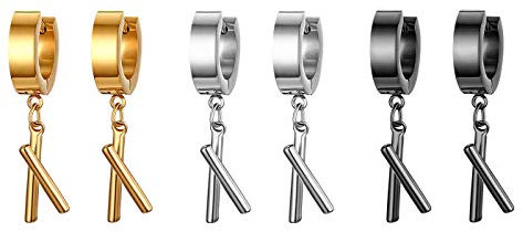 JewelryWe Schmuck 3 Paare Herren Ohrringe Set Edelstahl Creolen Huggie Ohr Manschette Ohrstecker Ohrpiercing mit Baseballschläger Anhänger Unisex gold/schwarz/silber