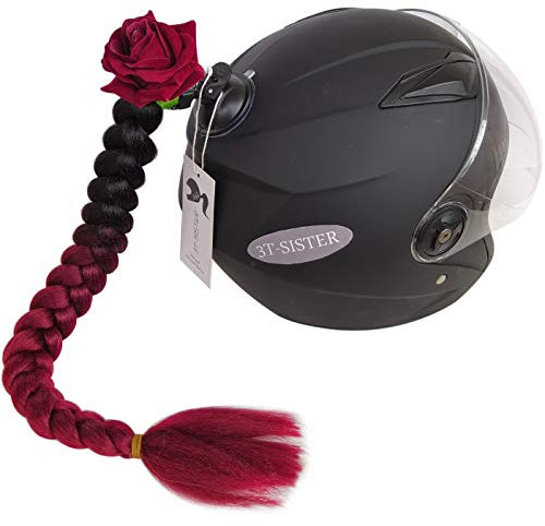 3T-SISTER Bowknot Helm geflochtener Pferdeschwanz Motorrad Fahrrad Helm Haar Zöpfe Haarteile für Erwachsene (Wine red)