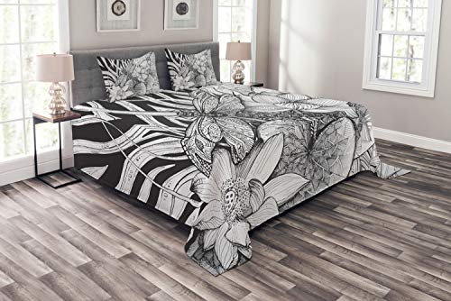 ABAKUHAUS Libelle Tagesdecke Set, Floral Chaotic Zeichnung, Set mit Kissenbezügen Waschbar, für Doppelbetten 220 x 220 cm, Grau Schwarz