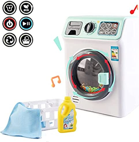 deO Lavadora para Niños con Luces y Sonidos, Juguete Educativo con 4 Programas de Lavado, Juguetes del Hogar, Kit de Lavandería Incluye Variedad de Accesorios de lavandería y Limpieza