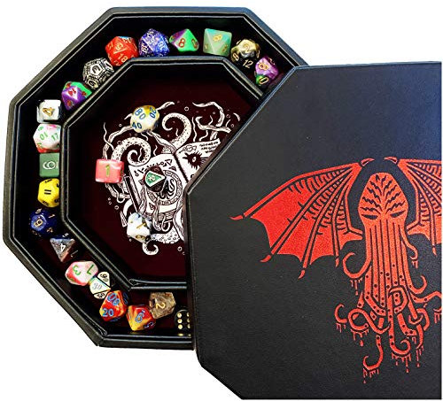 Fantasydice-Cthulhu Tome-RED- Dice Storage and Rolling Tray - 20CM Octagon with Lid and Dice Staging Area- Holds 5 Sets(7 Dice Set/Standard) for All Tabletop RPGs