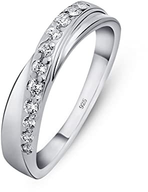 Amberta Damen Ring aus Sterling Silber Gekreutzter Hochzeitsring Zirkonium Steine Spirales Design: Innen Umfang - Größe 58.9 mm