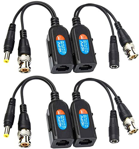 Greluma 4 Pezzi Balun HD Cat5 RJ45 to BNC Video Baluns Ricetrasmettitore Passivo con Connettore di Alimentazione per 1080P 3MP 4MP 5MP 8MP HD-CVI/TVI/AHD/CVBS / 960H Camera