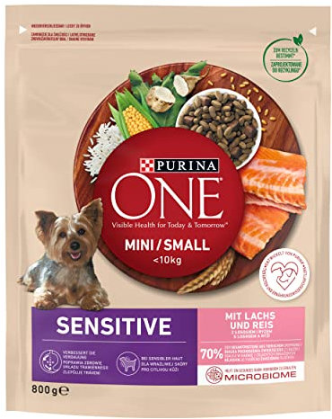 PURINA ONE Mini/Small Delicate Hundefutter trocken für kleine Hunde, reich an Lachs & Reis, 8er Pack (8 x 800g)