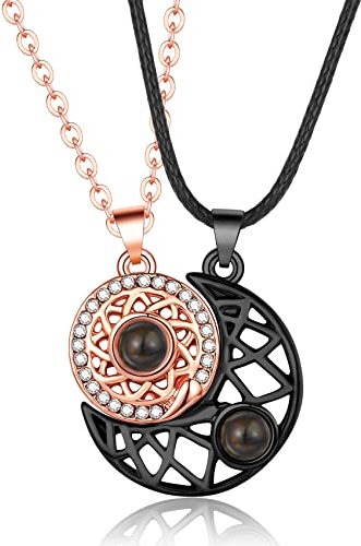 Couple Magnetic Necklaces, 2 PCS Matching Necklace Couples Gifts for Boyfriend Girlfriend, Romantic Mutual Attraction Gifts | Silver Moon & Son Pendant Necklaces Him and Her Gifts, Rose Gold & Black
