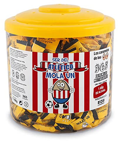 Regalo original. Tarro con 365 caramelos motivadores. Ser del Atletico mola un huevo. Un caramelo motivador para cada dia del año