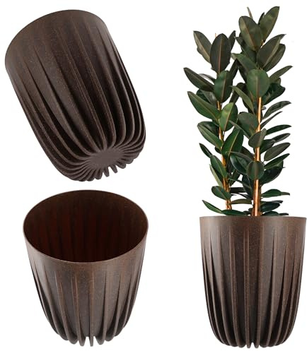 KADAX Blumentopf aus Kunststoff mit Naturmaterialien, Moderne Pflanztöpfe, Pflanzentopf mit geometrischem Muster, runder Blumenkübel mit Einsatz, Naturblumentopf, Hochübertopf (∅ 19 cm, Espresso)