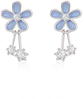 Blue Daisy Flower Small Stud Earrings 925 Sterling Silver Delicate Cubic Zirconia Crystal Dangle Drop Cartilage Earring Studs Post Hypoallergenic Jewelry Gifts for Women Girls Daughter
