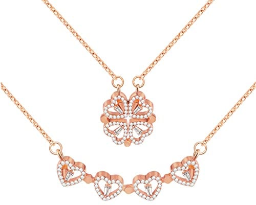 VU100 2 in 1 Klee Glücksbringer Magnetisches Herz Halskette | Glänzendes Herz Anhänger Schmuck Geschenk für Freundin Mädchen Frau (Gold/Silber/Rose Gold)