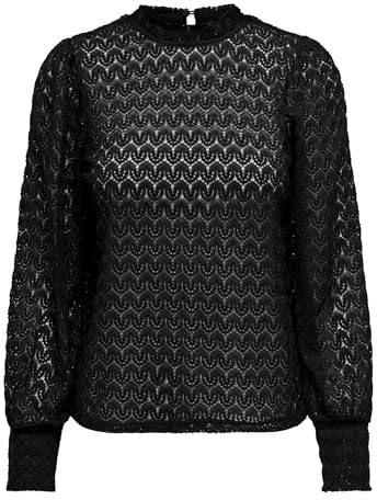 JDY Damen Bluse hoch geschlossen Knopfleiste Spitzen-Detail Langarm