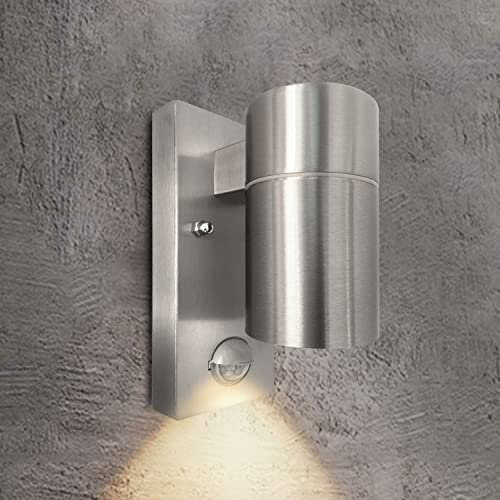 EXTRASTAR Outdoor Wall Lights PIR Motion Sensor, GU10 Base Down Exterior Wall Sconce, IP44 Stainless Steel Single Outdoor Wall Light for Garden, Patio, Balcony, Porch, Garage(Bulb not Included)