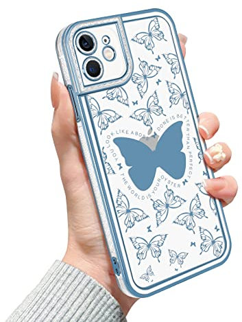 Newseego Compatible with iPhone 11 Case for Girls Women, Clear Cute Plating Butterfly Pattern Glitter Edge Phone Case Slim Soft TPU Shockproof Camera Protection Bumper Cover for iPhone 11-Blue
