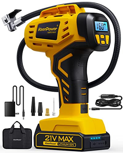 KeenPower Piccolo compressore d'aria portatile, 2 volte più veloce, alimentato a batteria ricaricabile da 21 V, 160 psi, doppia modalità di alimentazione, pompa ad aria per auto, moto, bici elettrica