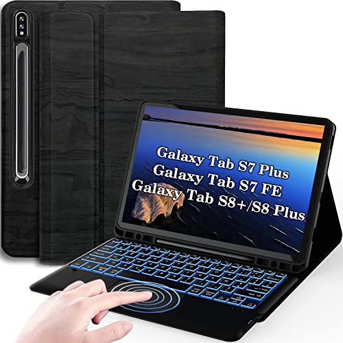Nanhent Rétroéclairé Clavier Coque pour Samsung Galaxy Tab S8+ / S7 FE/ S7+ 12.4, Smart Touchpad, AZERTY Français Amovible Bluetooth sans Fil Clavier avec Housse Étui Premium en Cuir PU (S7 FE)