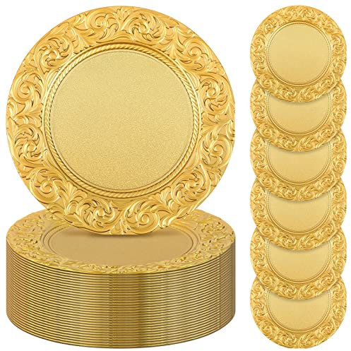 Zhehao 50 Pcs Antique Charger Plates Bulk 13 Inch Embossed Rim Plastic Charger Plate Decorative Round Plate Chargers for Dinner Wedding Party Event Table Setting Decoration (Gold)