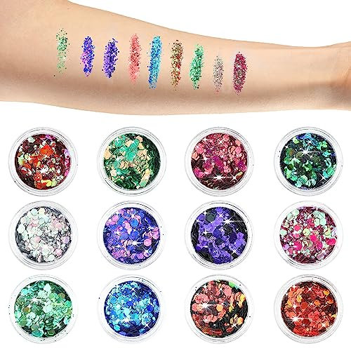 Giantree Glitter für Gesicht Körper, 12 Farben Hex Pailletten Set Nägel Haare Körper Festival Zubehör Musik Maskerade Party Makeup Glitter(Farbe A), 550287_1-SALZZ-B