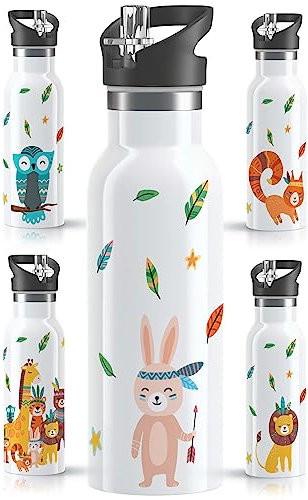 OWLBOOK® Edelstahl Trinkflasche Kinder | Wasserflasche mit Strohhalm | 600 ml | Sportdeckel | Spülmaschinenfest | Schule Sport | Schulanfang Geschenke zur Einschulung Junge Mädchen| Boho Hase