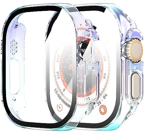 Diruite 2 Piezas Funda para Apple Watch Ultra/Ultra 2 49mm Protector Pantalla Cristal Templado Incorporado HD Protección Completa PC Dura Estuche Case,Multicolour,49mm