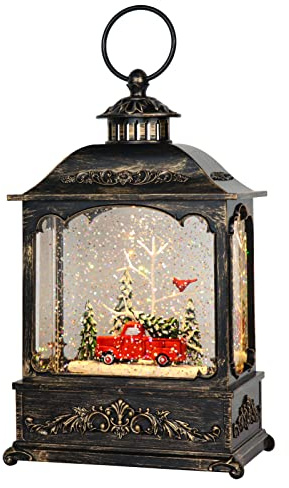 Eldnacele Snow Globe, Musical Christmas Snow Globe Lantern with Red Truck | 6H Timer, USB and Battery Powered, Christmas Water Spinner, Swirling Glitter, Warm LED Light, Vintage Bronze Finish